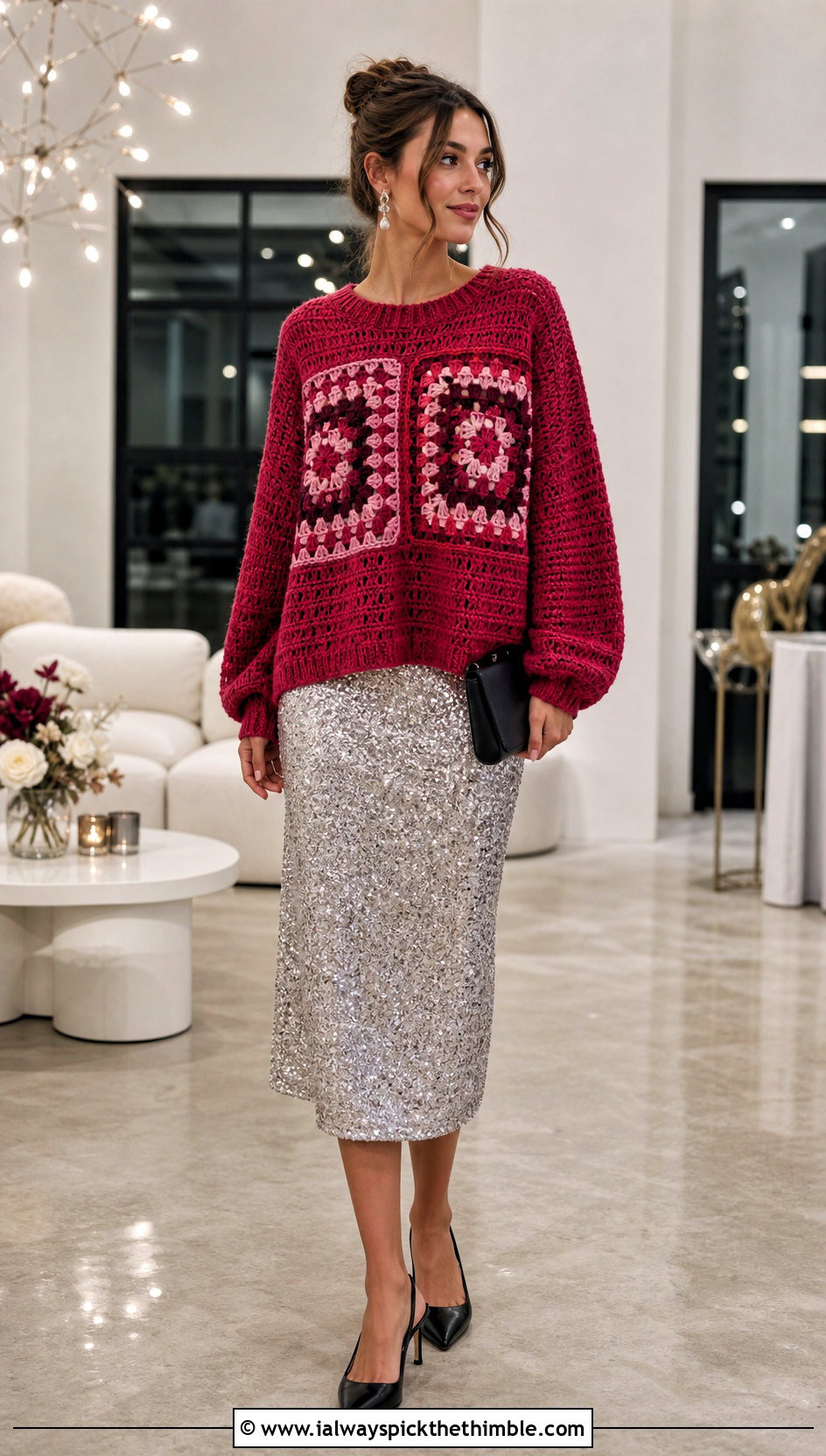 Two Panel Granny Square Sweater With Sequin Midi Skirt - 15 Crochet Oversized Granny Square Sweater outfit ideas