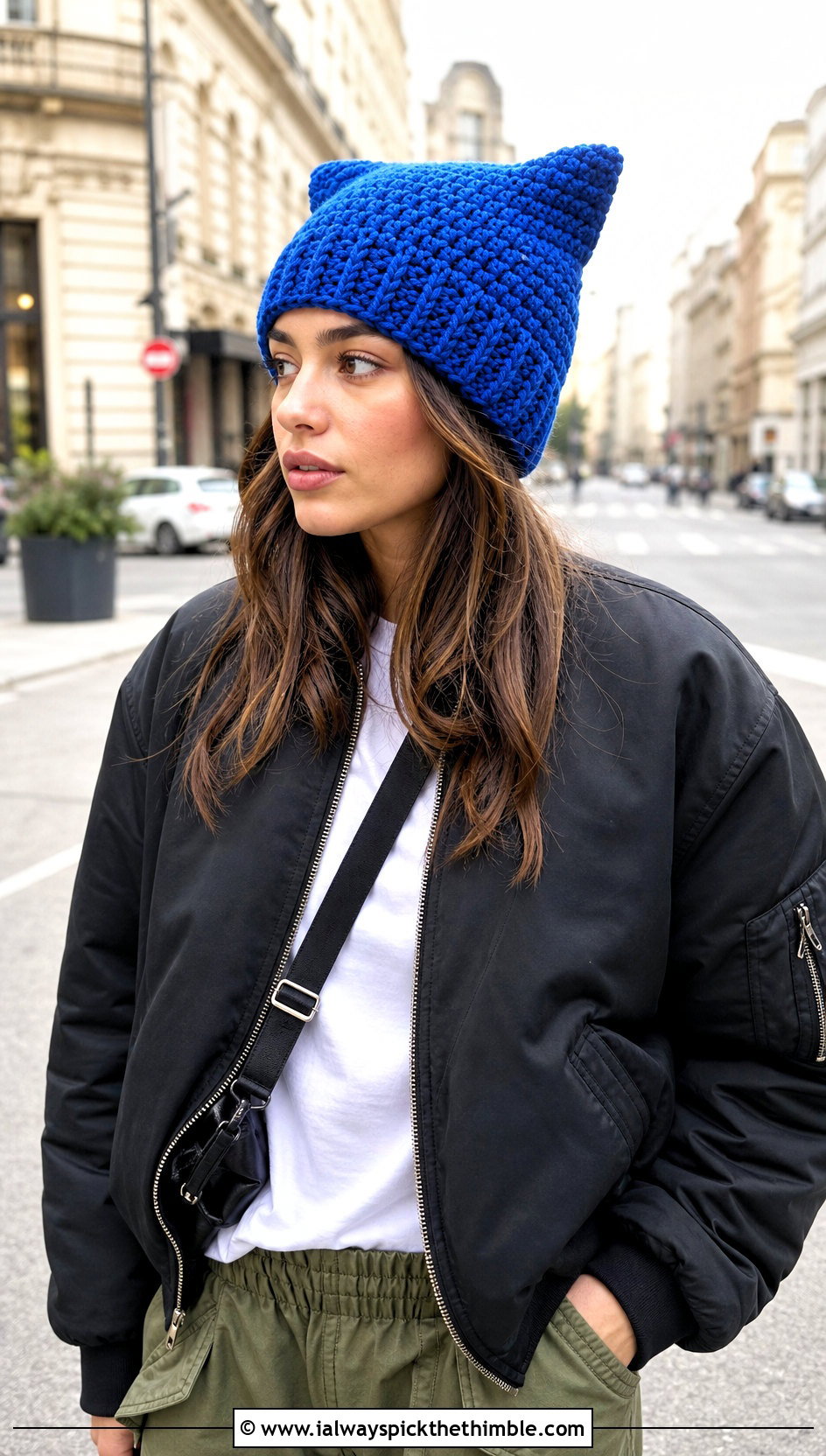 Two Panel Square Crochet Beanie With Bomber Jacket And Cargo Pants - 20 square crochet beanie outfit ideas