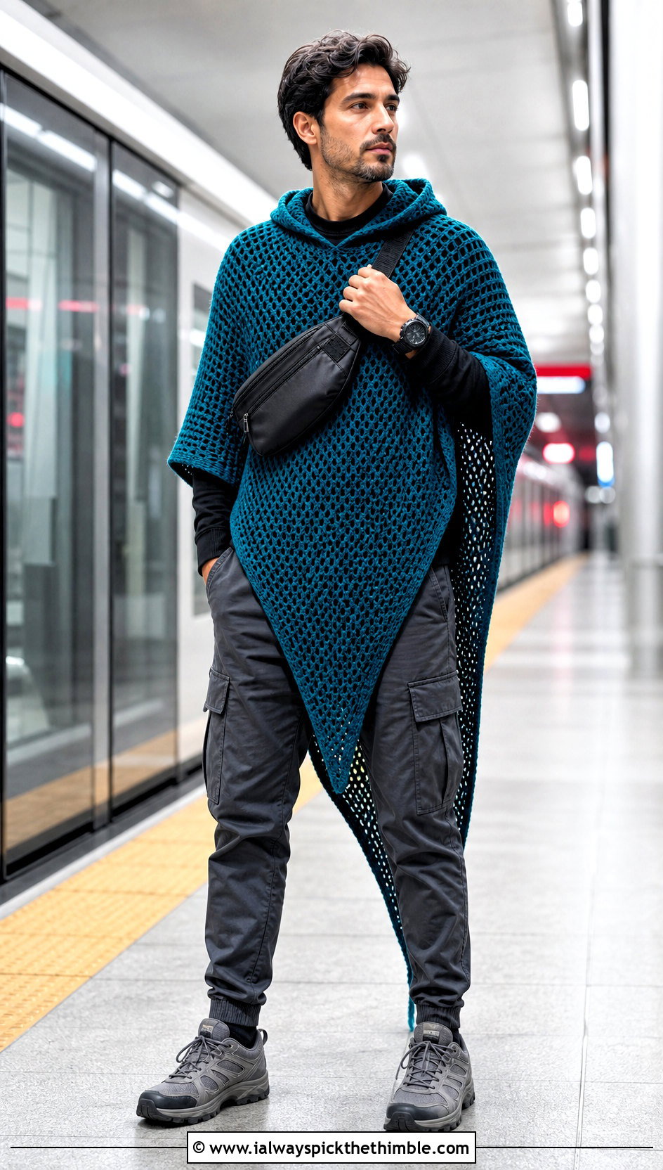 Two Point Hooded Crochet Poncho With Cargo Pants - 15 mens hooded crochet poncho outfit ideas
