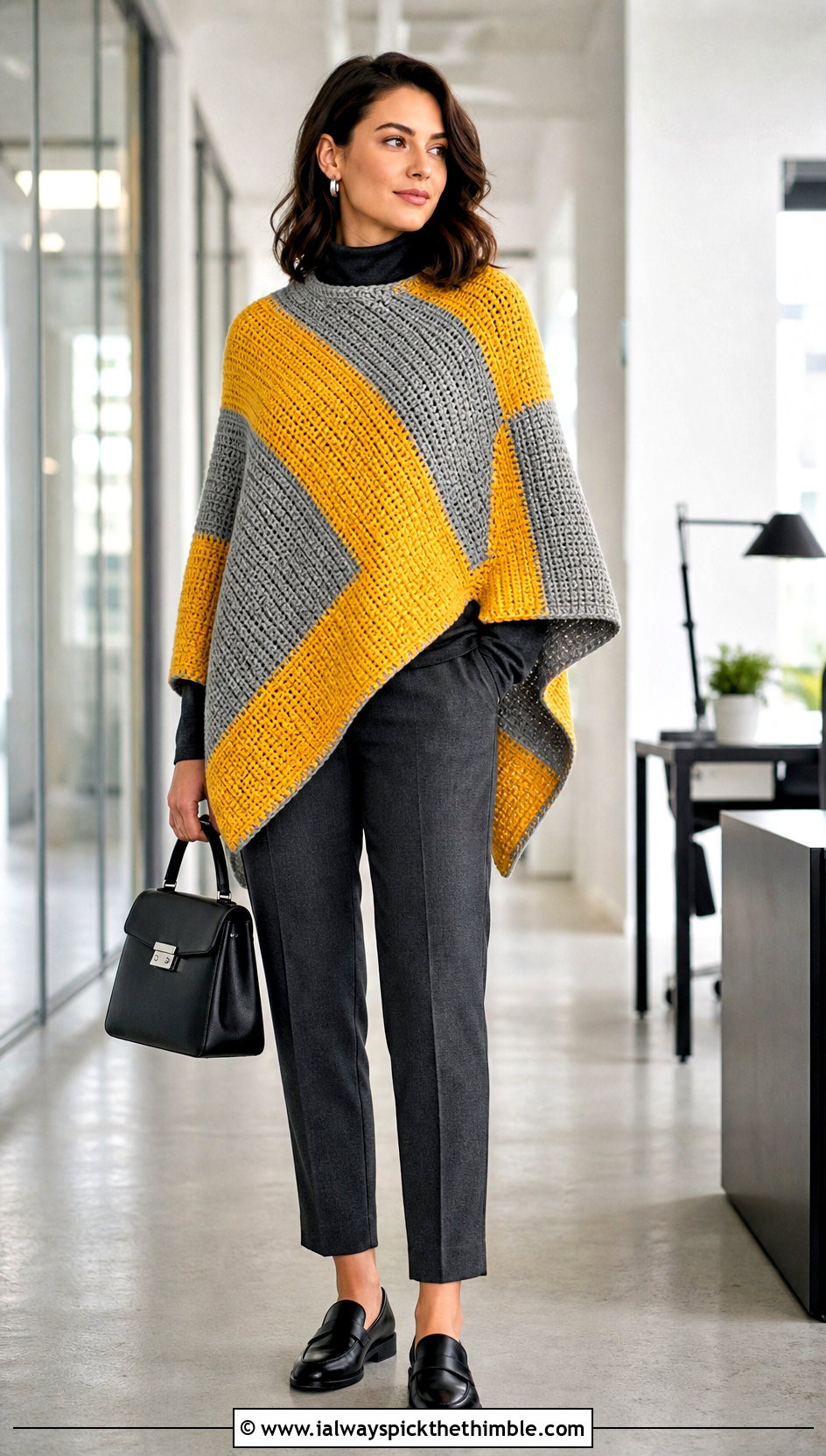 Two Rectangle Mosaic Poncho With Tailored Trousers - 15 Mosaic Crochet Poncho outfit ideas