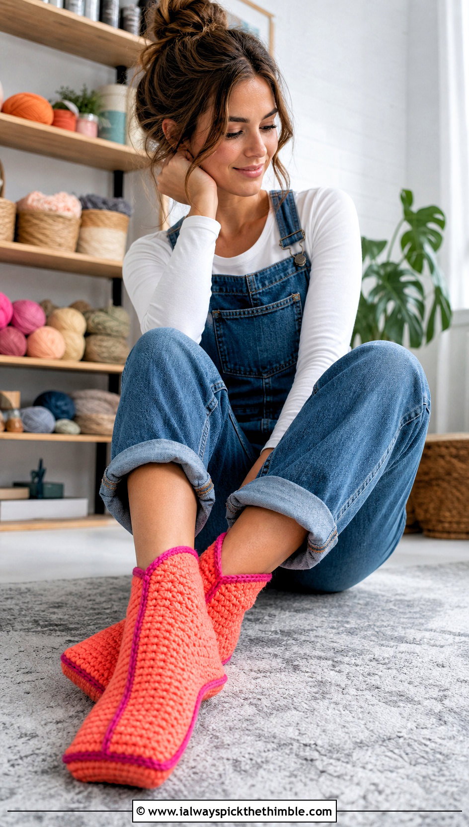 Two Square Crochet Sock Slippers With Overalls And Long Sleeve Tee - 20 crochet sock slippers outfit ideas