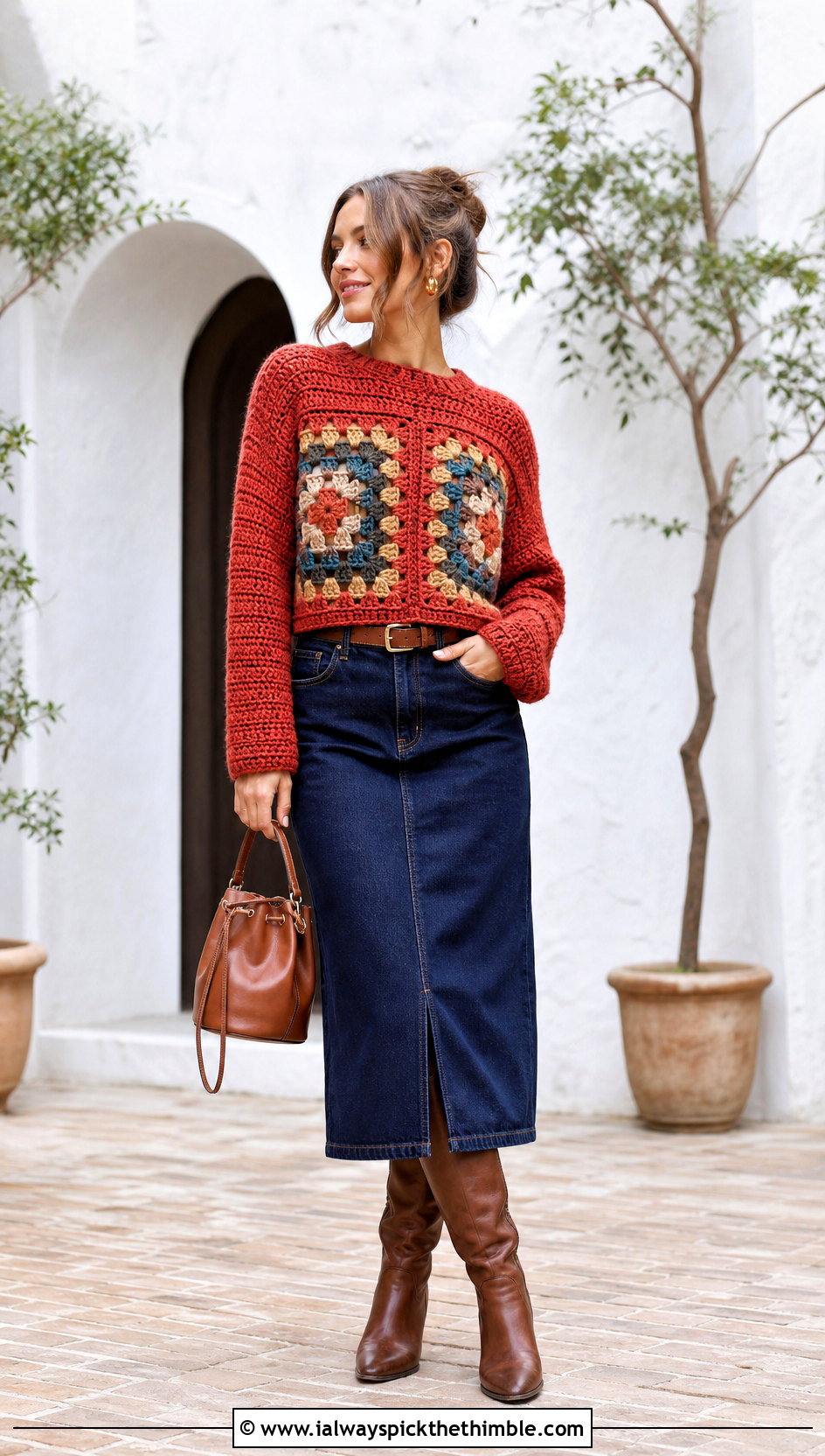 Two Square Crochet Sweater With Denim Midi Skirt - 20 crochet sweater with granny squares outfit ideas
