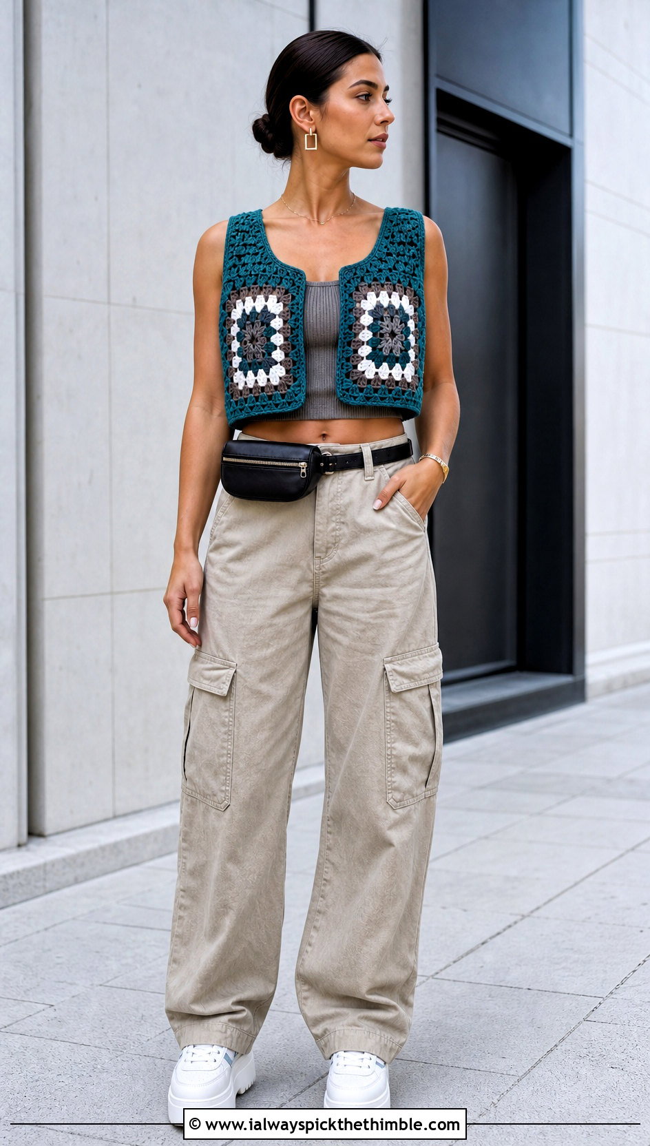 Two Square Granny Square Vest With Cargo Pants - 20 Granny Squares Vest outfit ideas