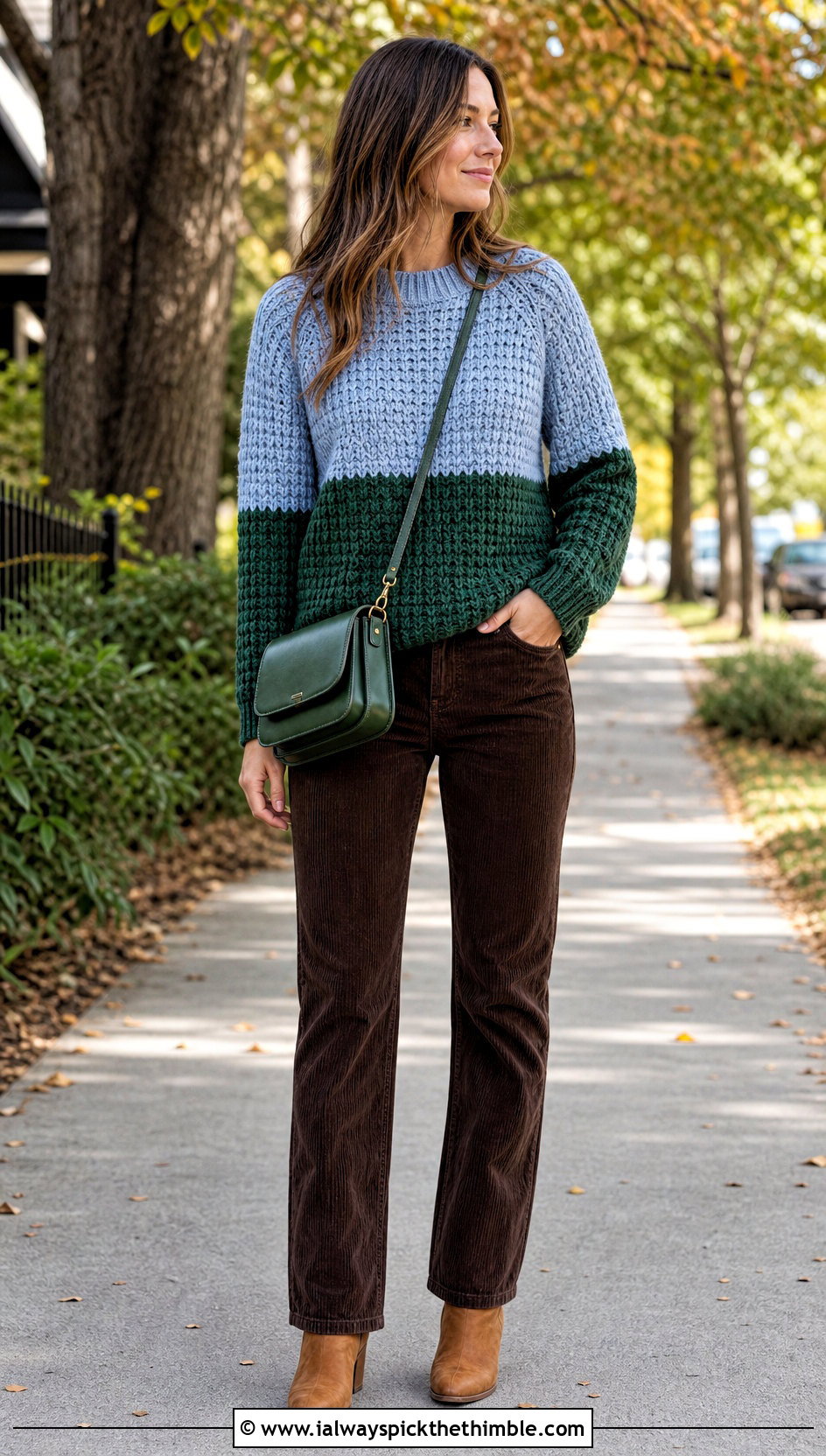 Two Tone Alpine Stitch Sweater With Corduroy Pants - 20 crochet alpine stitch sweater outfit ideas