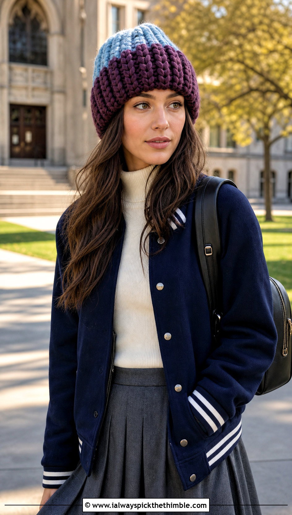 Two Tone Beanie With Varsity Jacket And Pleated Skirt - 15 Crochet Beanie With Super Bulky Yarn outfit ideas