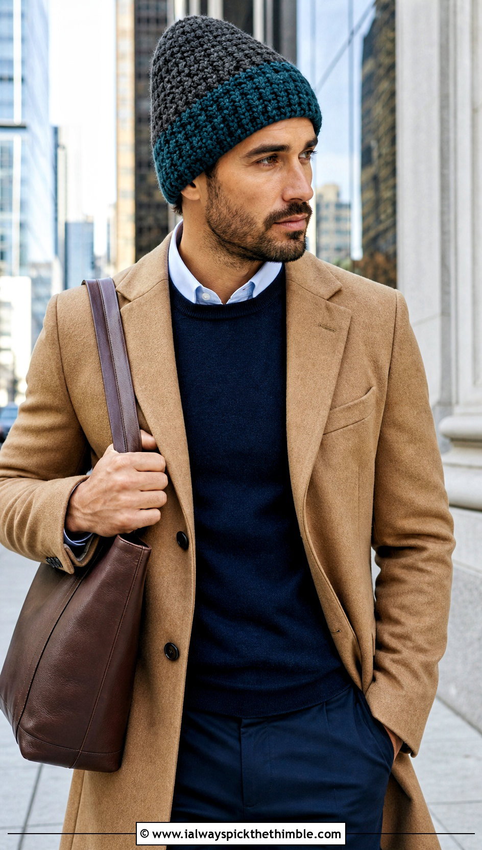 Two Tone Brawny Beanie With Wool Overcoat - 15 brawny beanie men's crochet hat outfit ideas