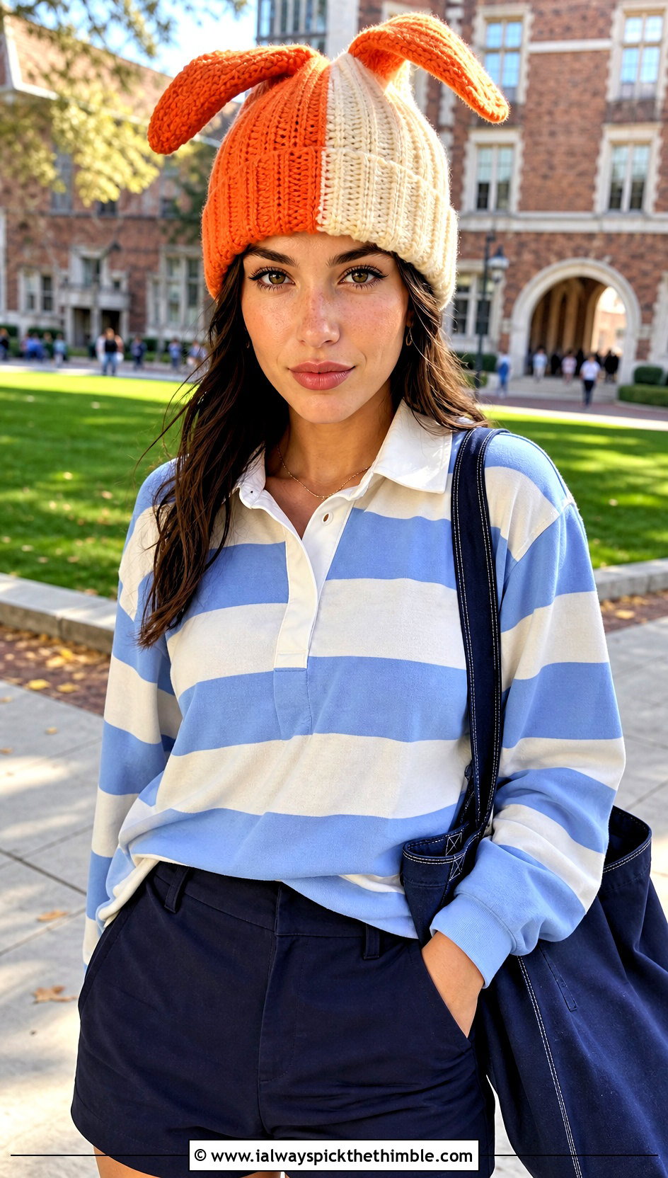 Two Tone Bunny Ear Beanie With Rugby Shirt And Tailored Shorts - 15 Sincerity Is Scary Crochet Hat outfit ideas