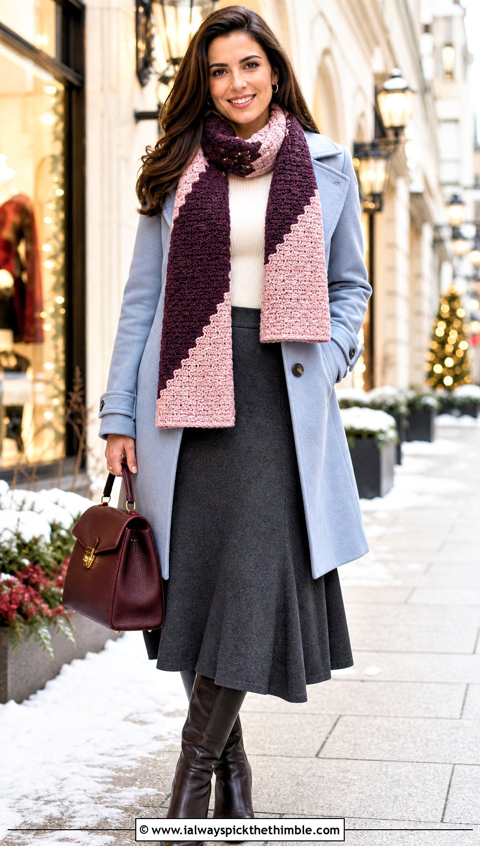 Two Tone C2C Scarf With Peacoat And Midi Skirt - 25 c2c crochet scarf outfit ideas