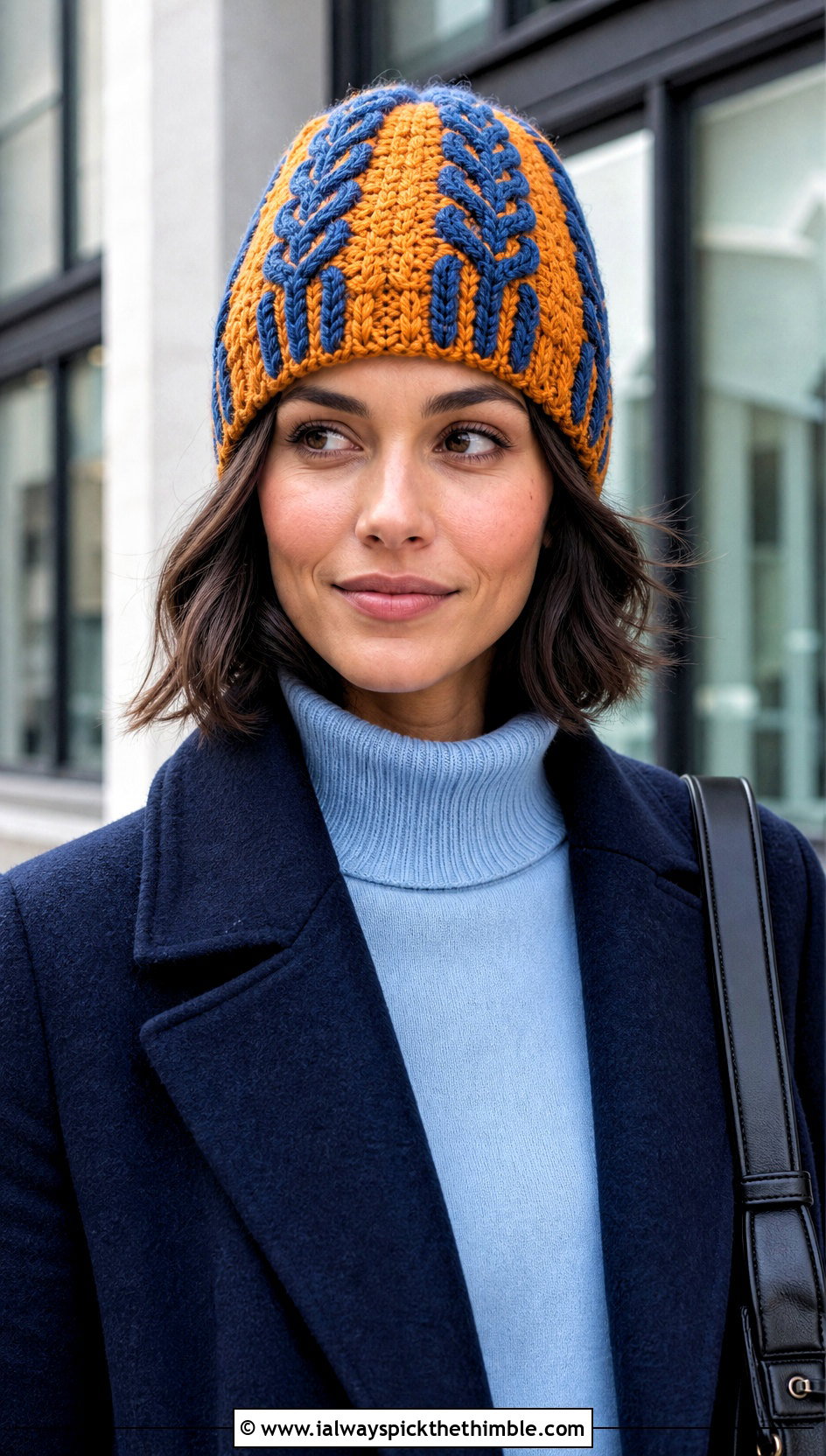 Two Tone Cable Crochet Beanie With Wool Coat - 15 cabled crochet beanie design outfit ideas