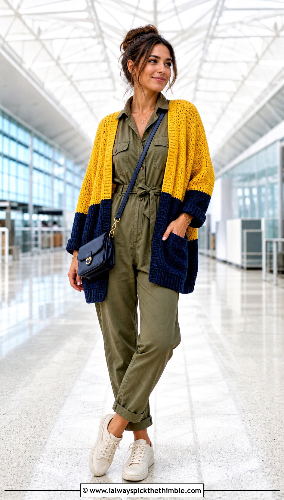 Two Tone Campfire Cardigan With Utility Jumpsuit - 20 crochet campfire cardigan outfit ideas