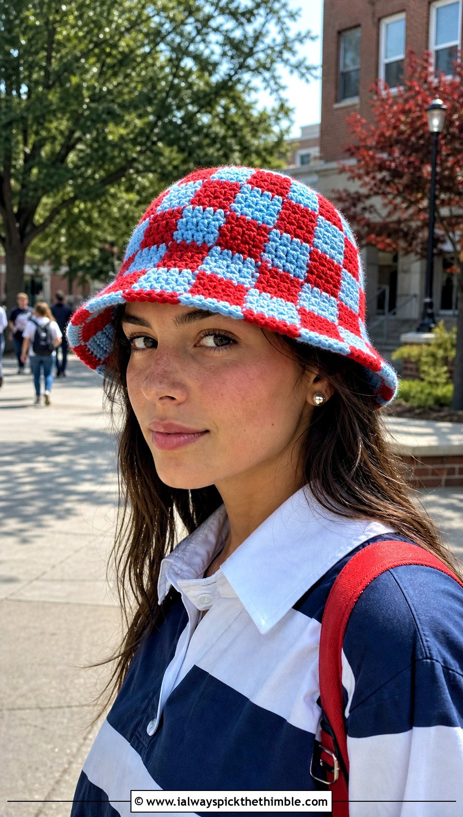 Two Tone Checkerboard Crochet Bucket Hat With Rugby Shirt - 20 checkerboard crochet bucket hat outfit ideas
