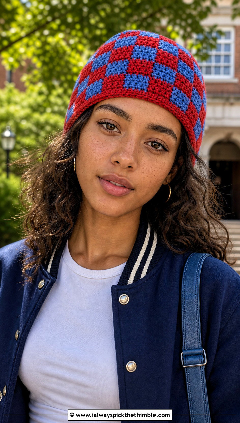 Two Tone Checkered Beanie With Varsity Jacket - 25 crochet checkered beanie outfit ideas