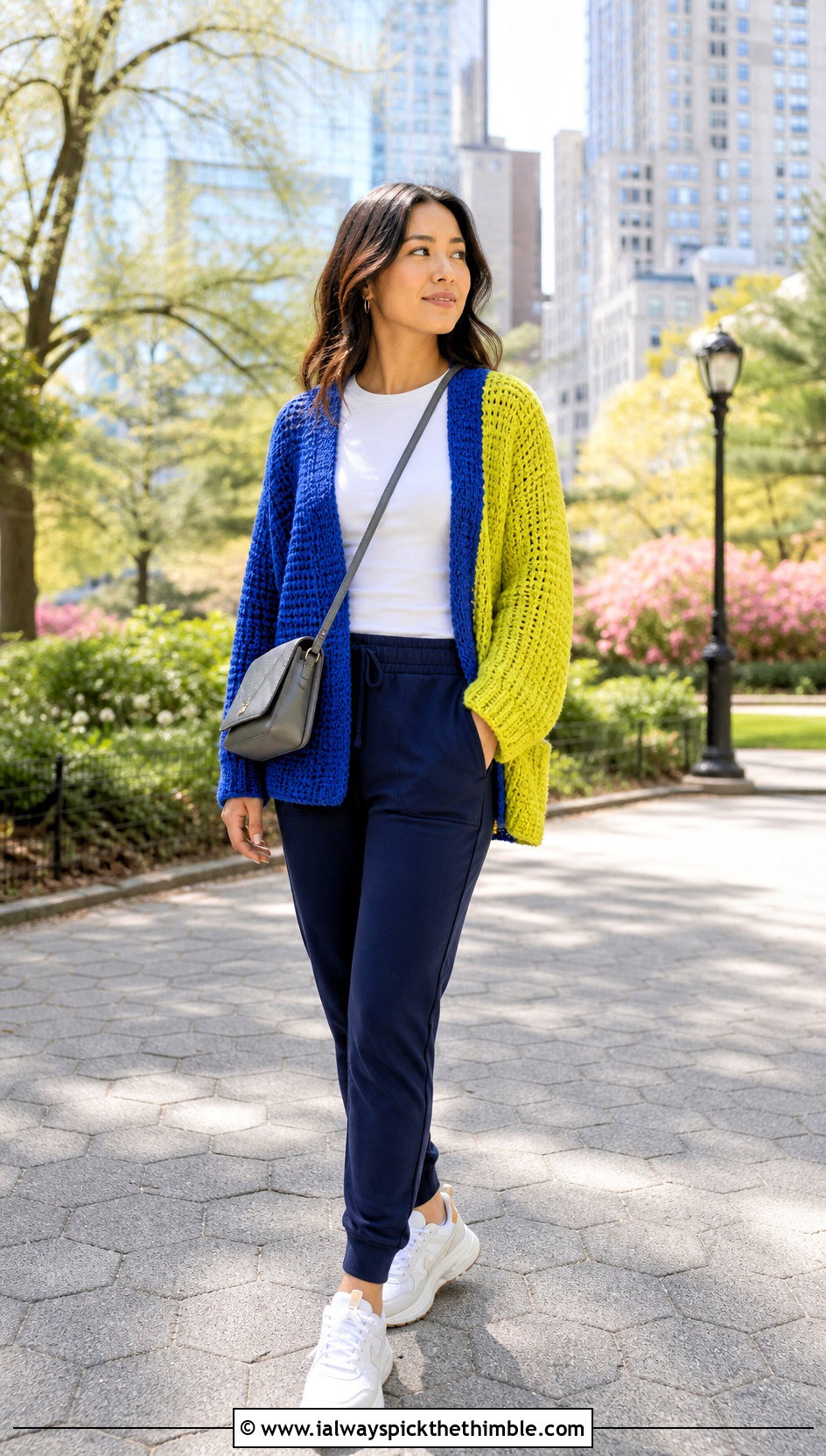 Two Tone Chunky Crochet Cardigan With Track Pants - 25 chunky crochet cardigan outfit ideas