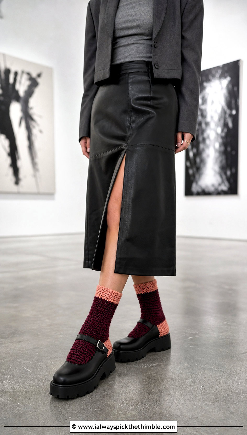Two Tone Chunky Crochet Crew Socks With A Leather Midi Skirt - 20 Chunky Crochet Socks outfit ideas