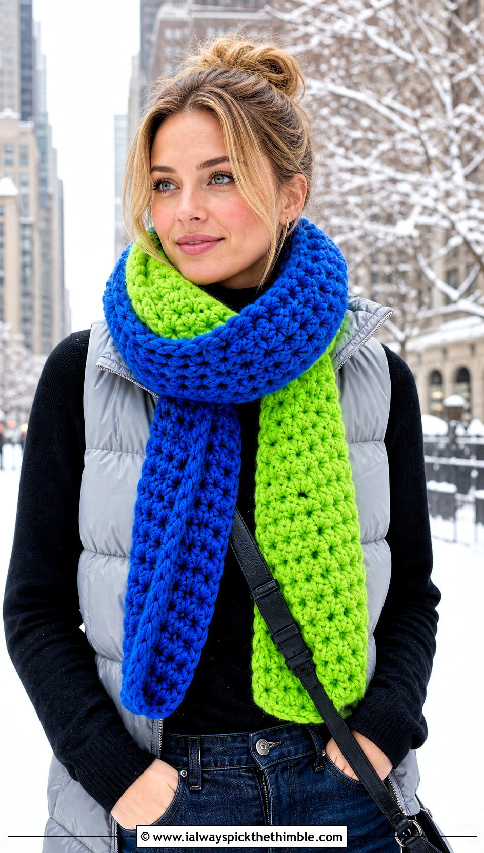 Two Tone Chunky Crochet Scarf With Puffer Vest - 20 two tone crochet scarf outfit ideas
