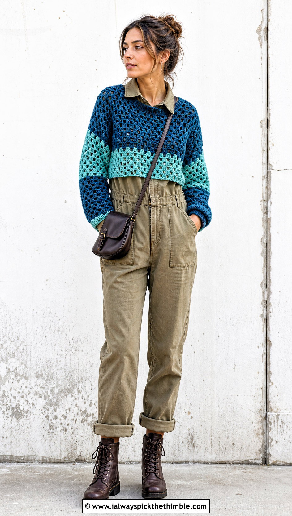 Two Tone Chunky Crochet Sweater With Utility Jumpsuit - 20 Easy Chunky Crochet Sweater outfit ideas