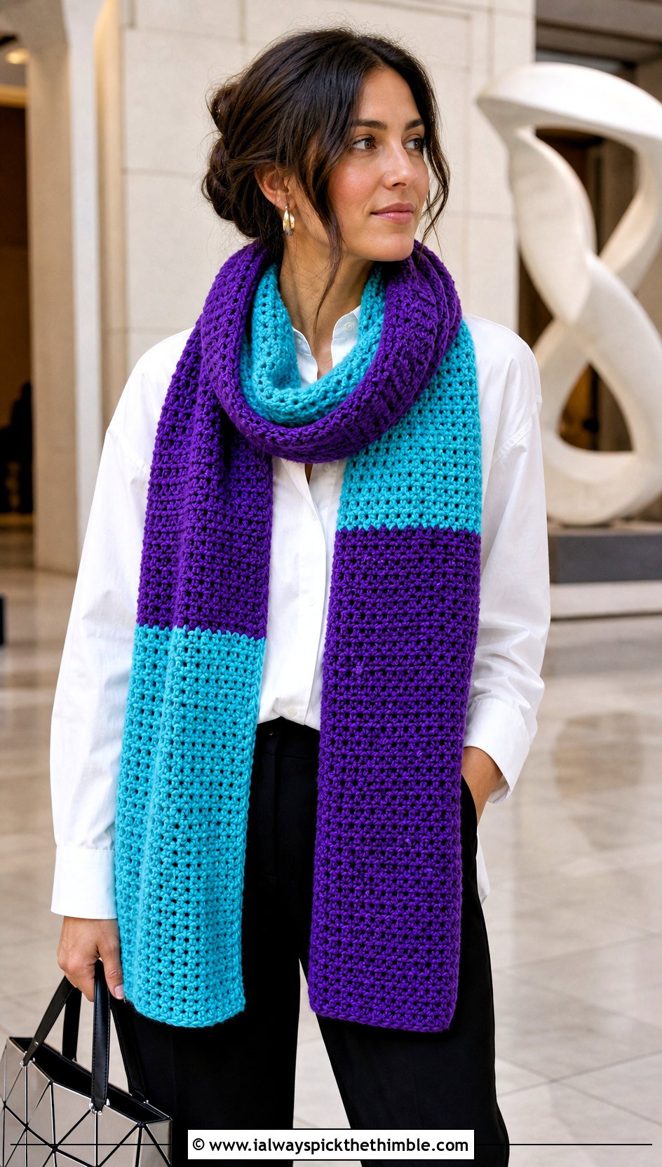 Two Tone Color Block Crochet Scarf With White Shirt - 20 two tone crochet scarf outfit ideas