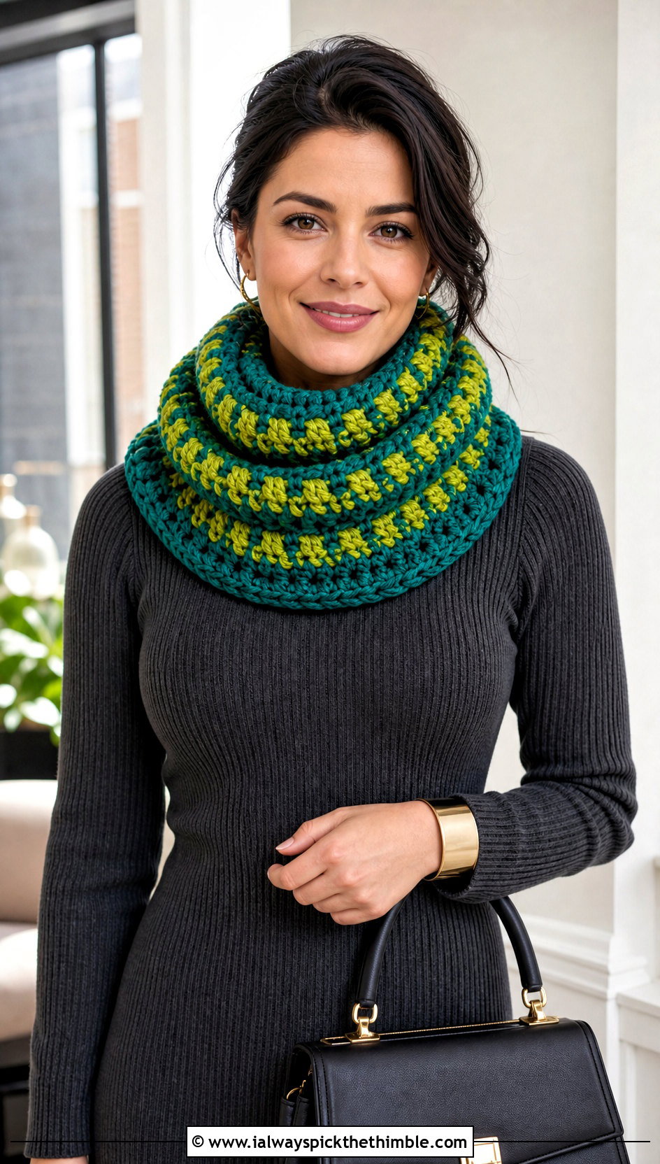Two Tone Cowl Crochet Scarf With Sweater Dress - 20 two tone crochet scarf outfit ideas