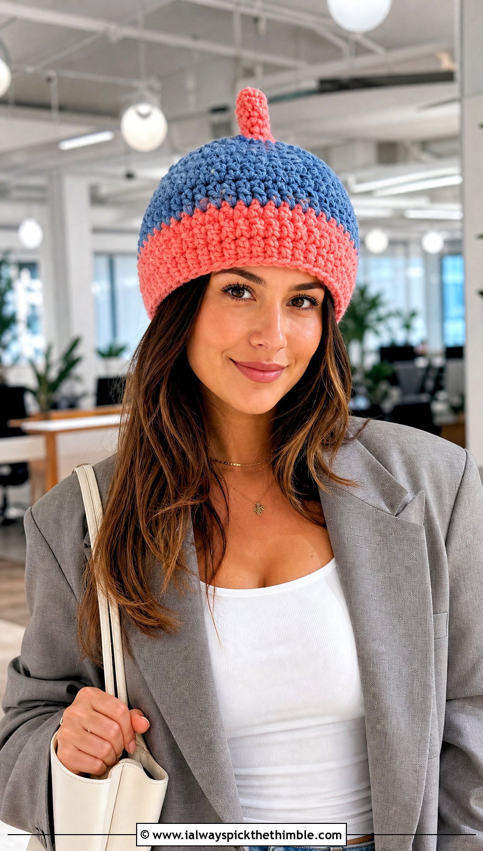 Two Tone Crochet Acorn Hat With Blazer - 20 crochet acorn hat outfit ideas