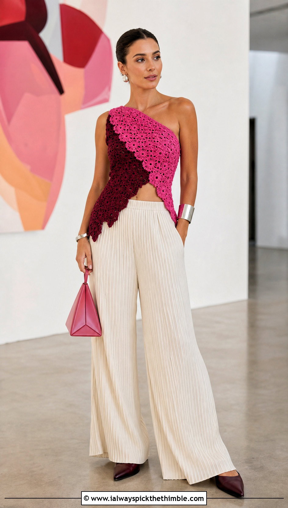 Two Tone Crochet Asymmetrical Top With Pleated Pants - 20 Crochet Two Tone Top outfit ideas