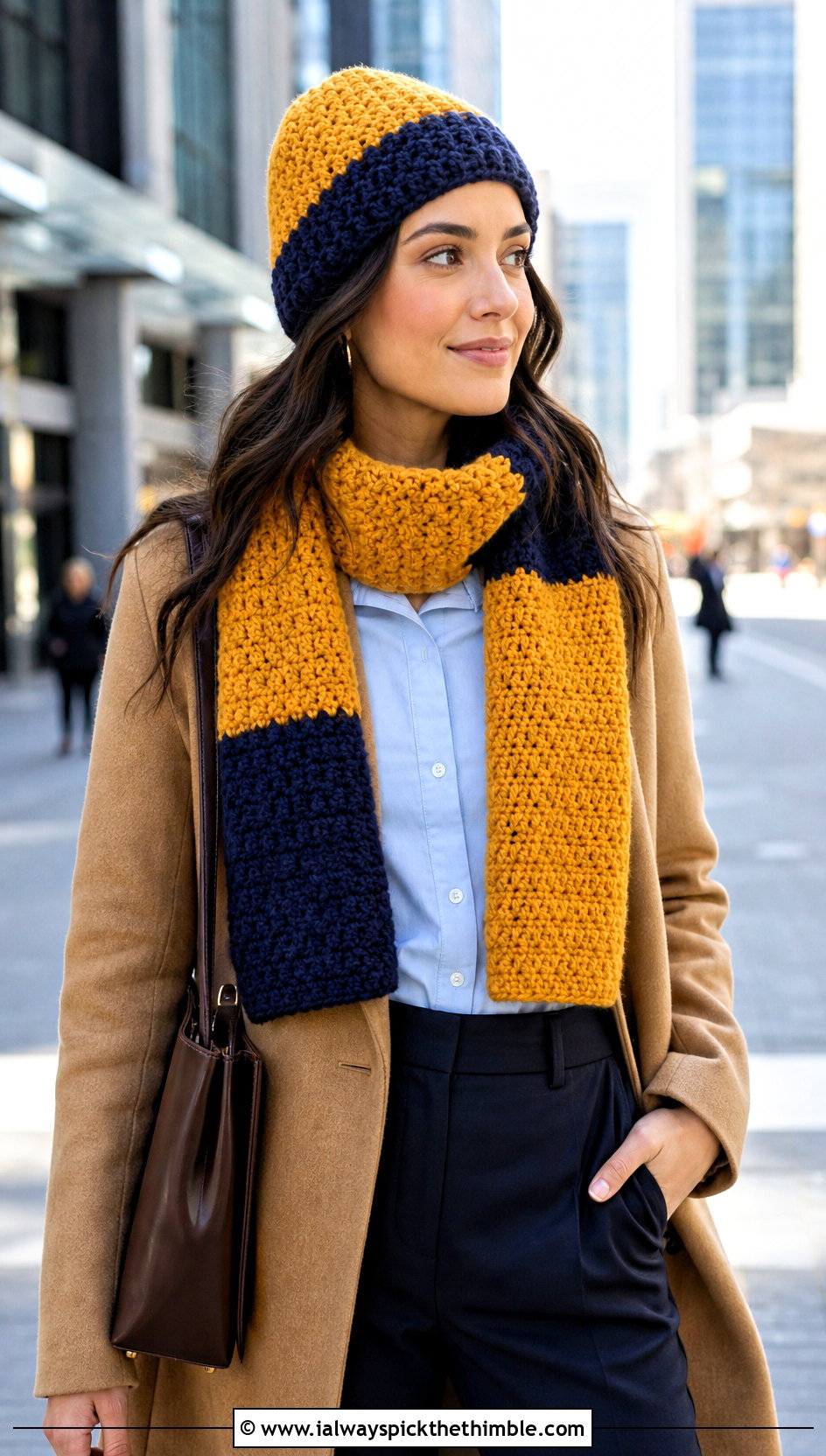 Two Tone Crochet Beanie And Color Block Scarf With Camel Coat - 20 Crochet Scarf And Hat Set outfit ideas