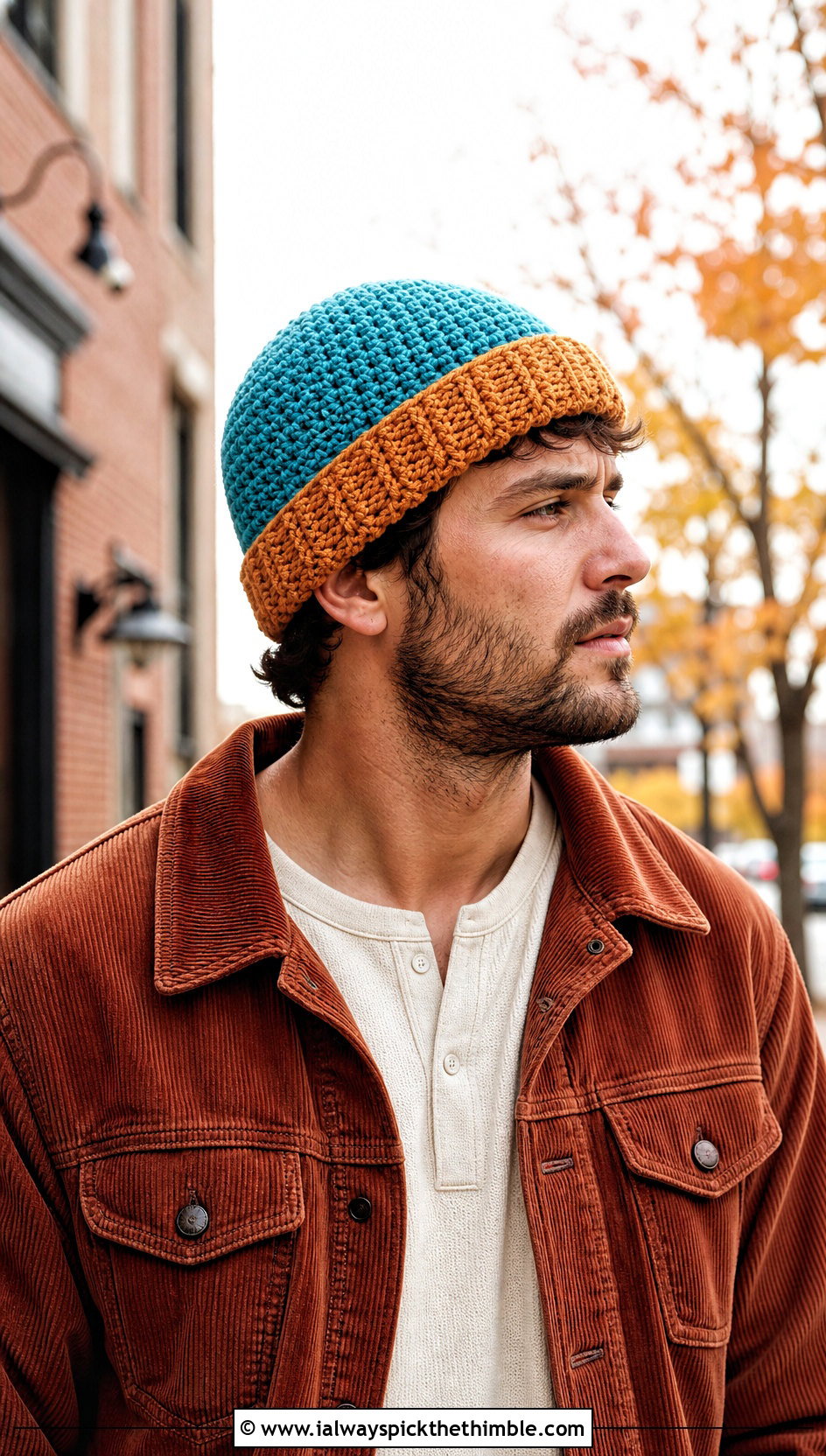 Two Tone Crochet Beanie With Corduroy Jacket - 25 men's crochet beanie outfit ideas