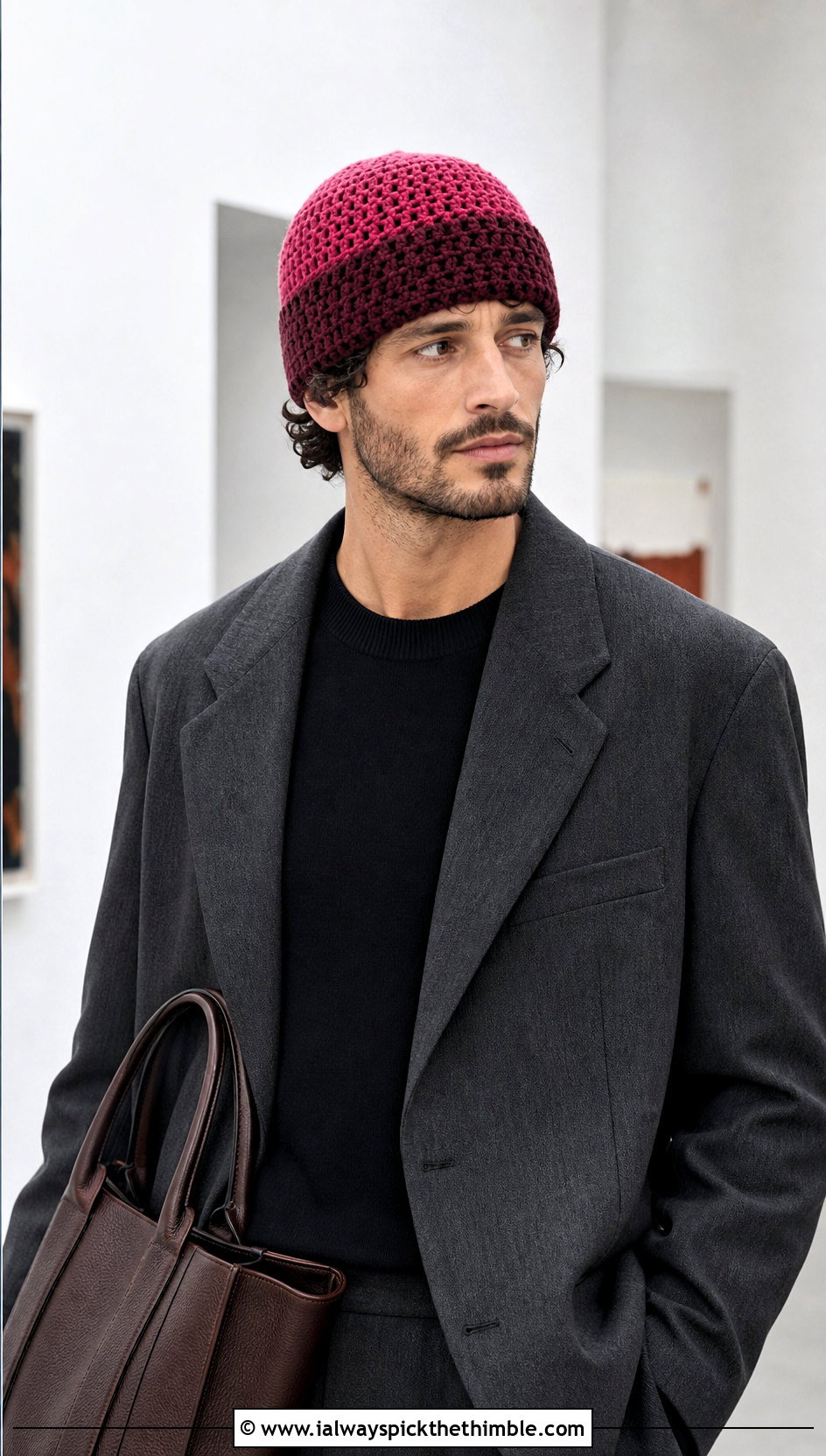 Two Tone Crochet Beanie With Tailored Suit - 20 crochet for men's beanies outfit ideas