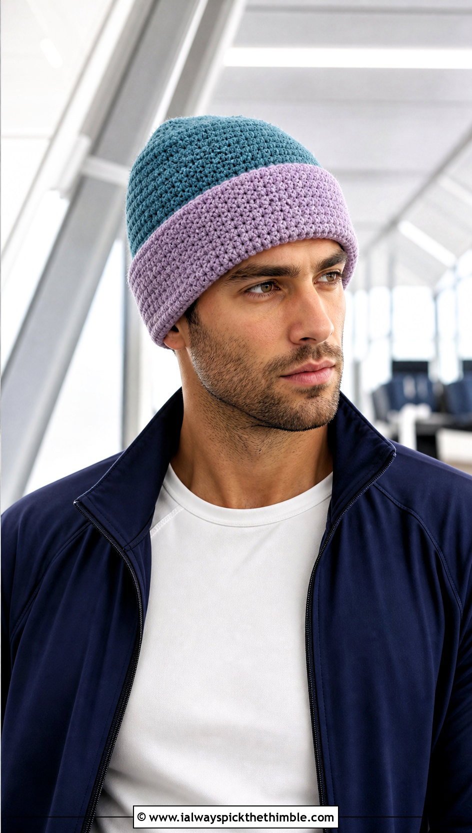 Two Tone Crochet Beanie With Track Jacket - 20 easy men's crochet beanie outfit ideas