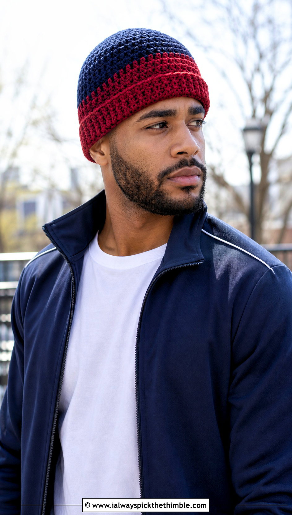 Two Tone Crochet Beanie With Tracksuit - 25 Men Crochet Beanie outfit ideas
