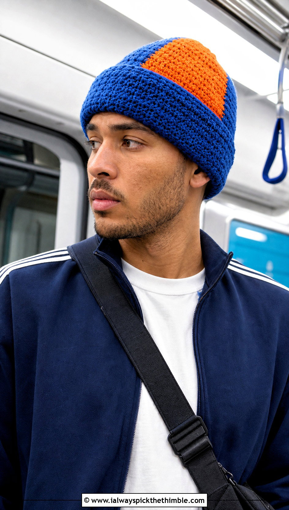 Two Tone Crochet Beanie With Tracksuit - 25 mens crochet beanie outfit ideas
