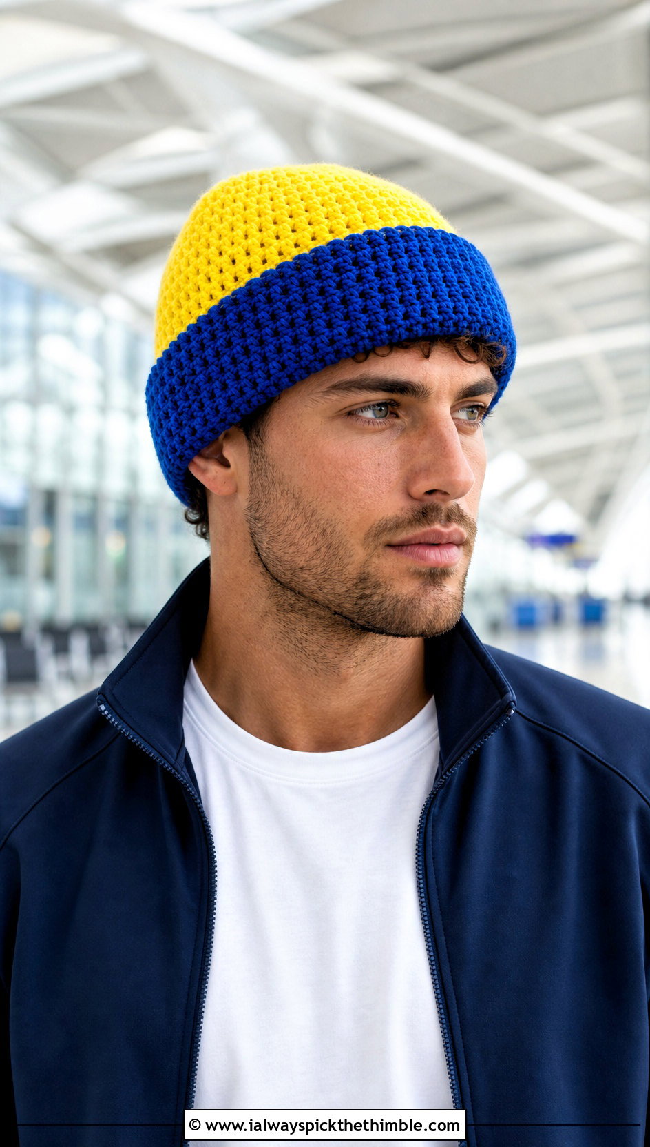 Two Tone Crochet Beanie With Tracksuit - 25 crochet beanie for men outfit ideas