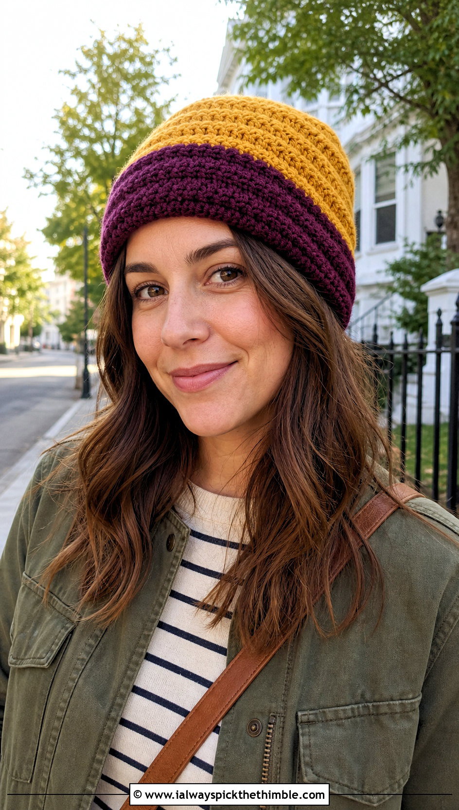Two Tone Crochet Beanie With Utility Jacket And Straight Jeans - 25 basic crochet beanie outfit ideas
