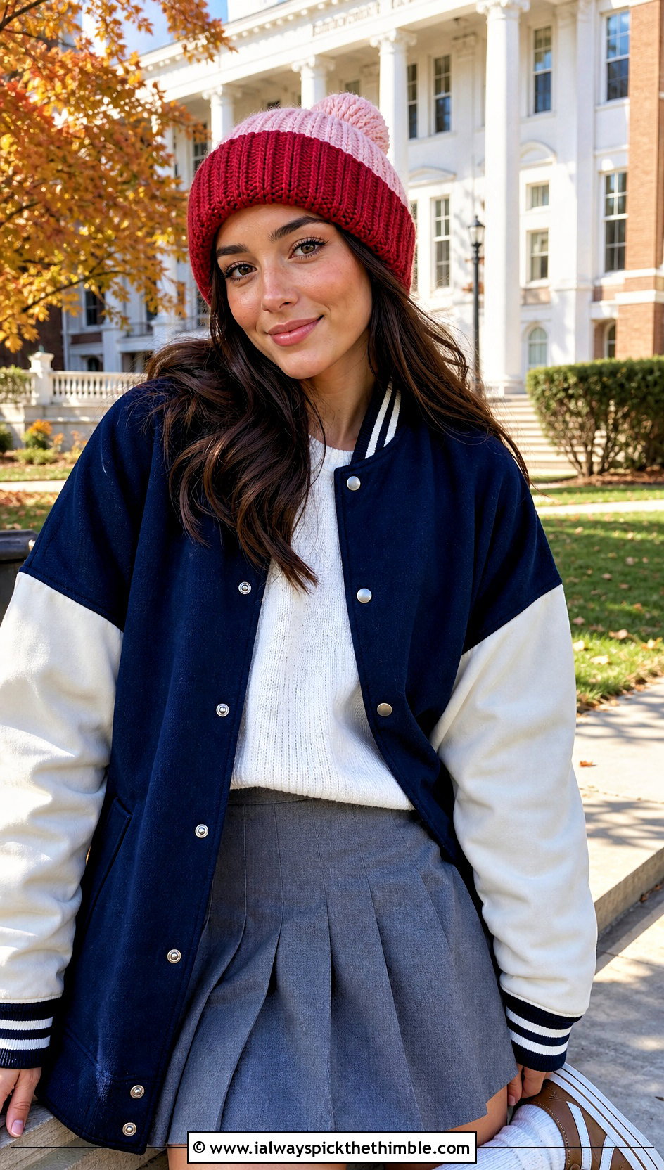 Two Tone Crochet Beanie With Varsity Jacket And Pleated Skirt - 20 Crochet Beanie That Looks Like Knit outfit ideas