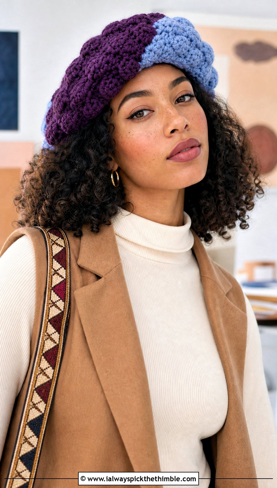 Two Tone Crochet Bubble Tam With Tailored Vest - 20 Crochet Bubble Hat outfit ideas