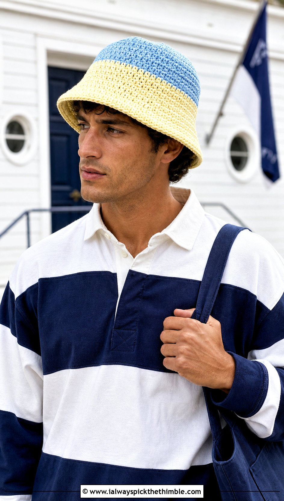 Two Tone Crochet Bucket Hat With Rugby Shirt And Tan Pants - 15 men's crochet bucket hat outfit ideas