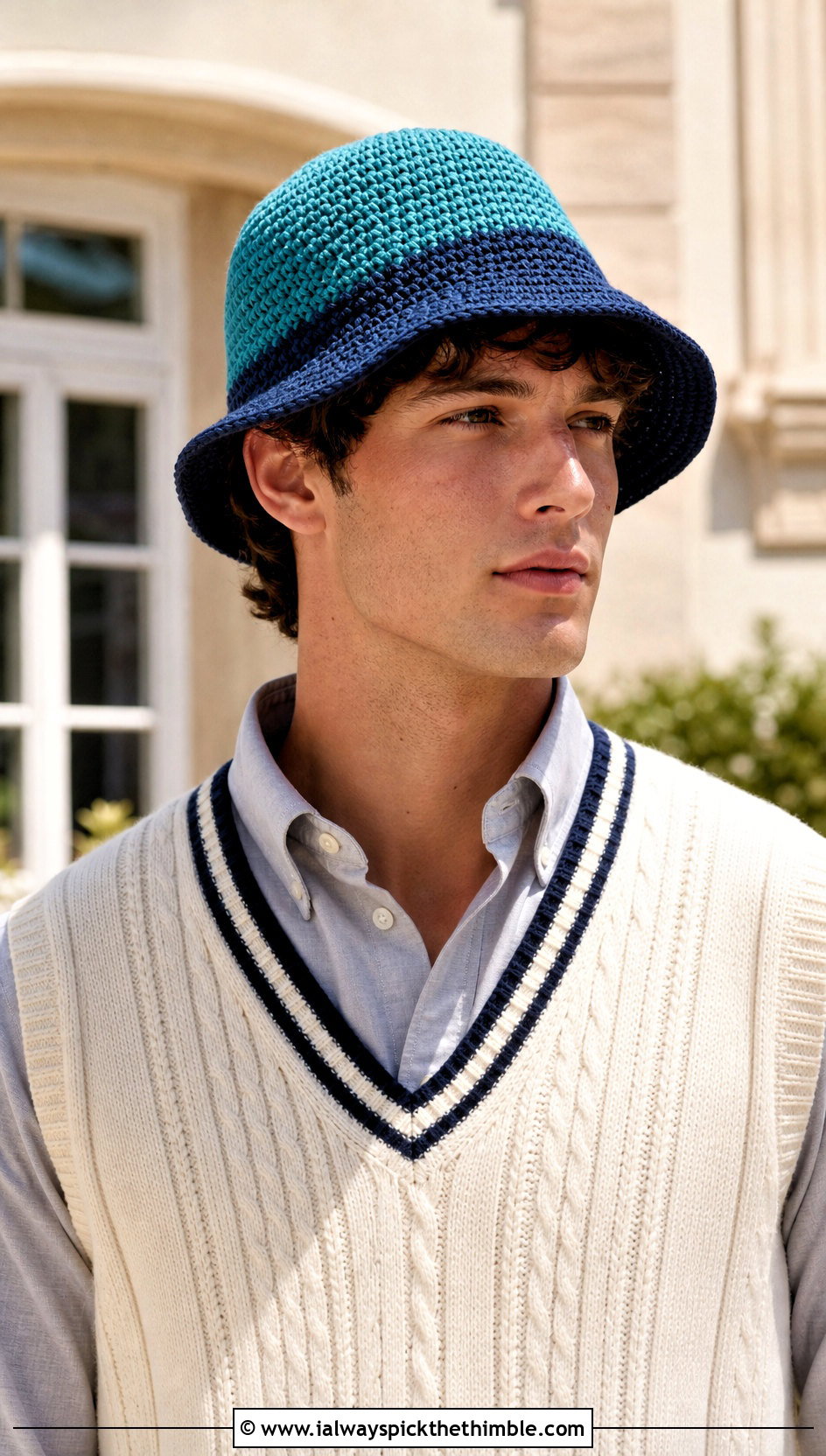 Two Tone Crochet Bucket Hat With Sweater Vest And Oxford Shirt - 25 men crochet bucket hat outfit ideas
