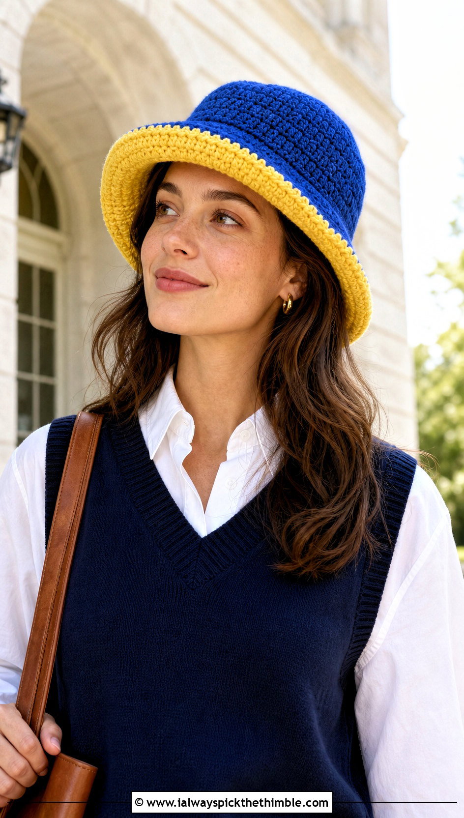 Two Tone Crochet Bucket Hat With Sweater Vest And Trousers - 25 crochet bucket hat outfit ideas