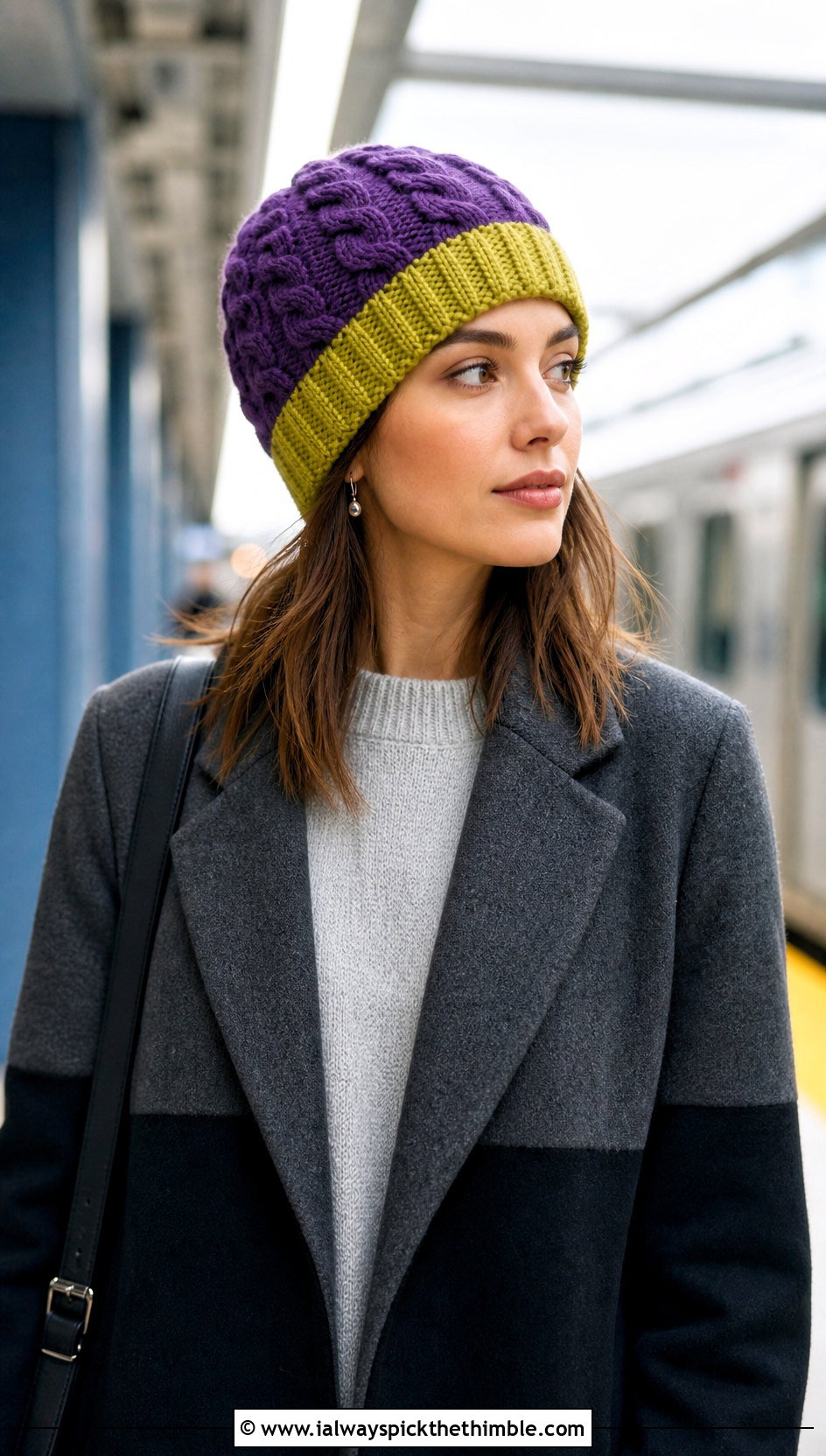Two Tone Crochet Cable Hat With Colorblock Coat - 25 crochet cable hat outfit ideas