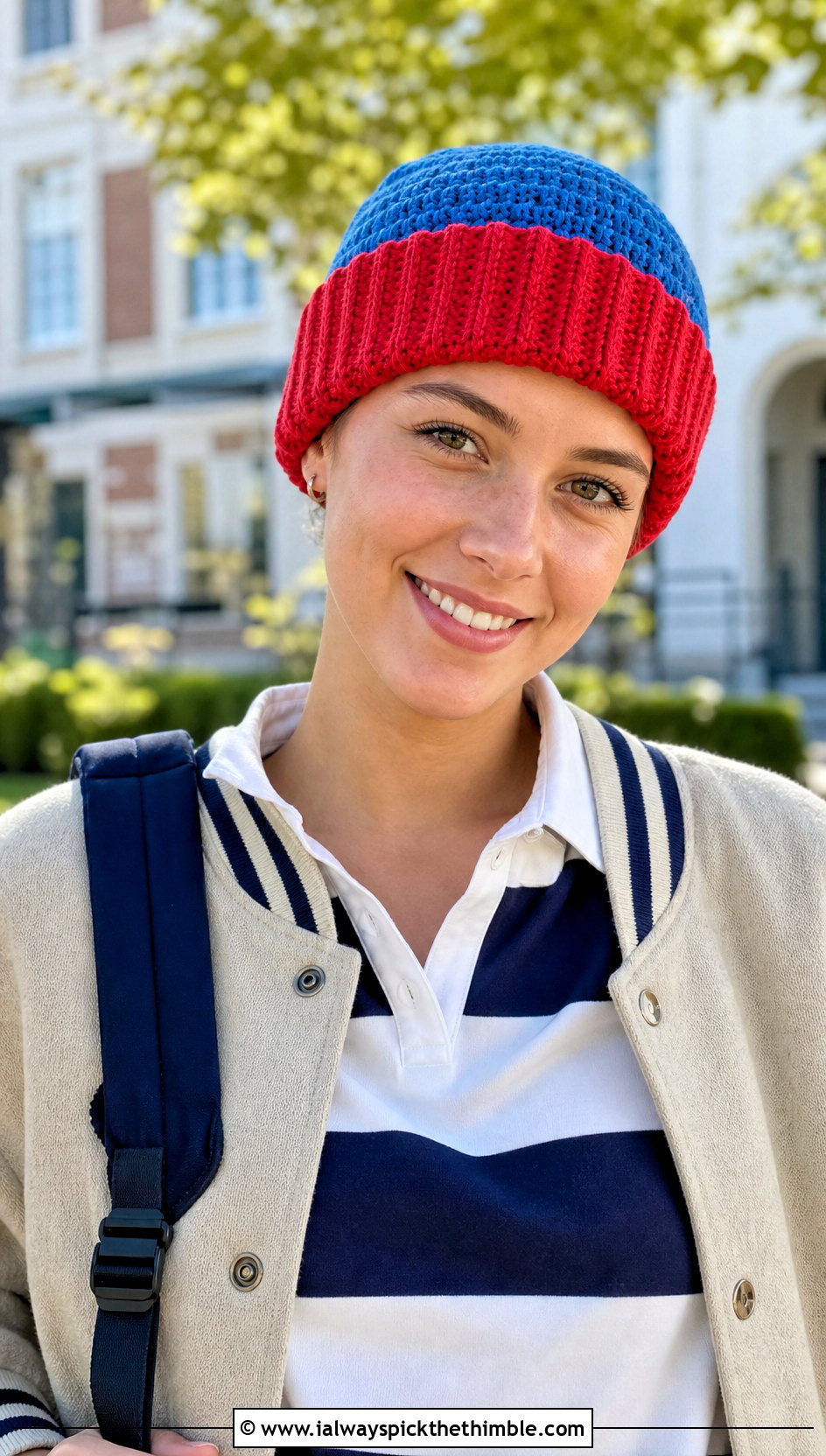 Two Tone Crochet Chemo Watch Cap With Rugby Shirt - 20 crochet chemo hat outfit ideas