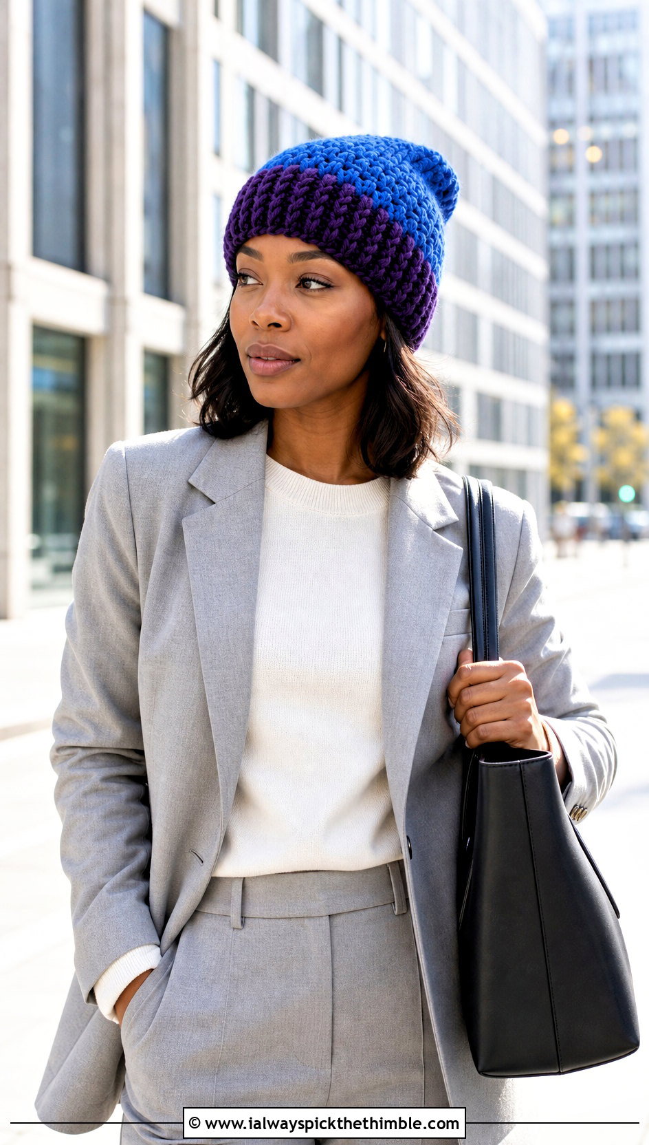 Two Tone Crochet Chunky Beanie With Trouser Suit And Sneakers - 25 crochet chunky beanie outfit ideas