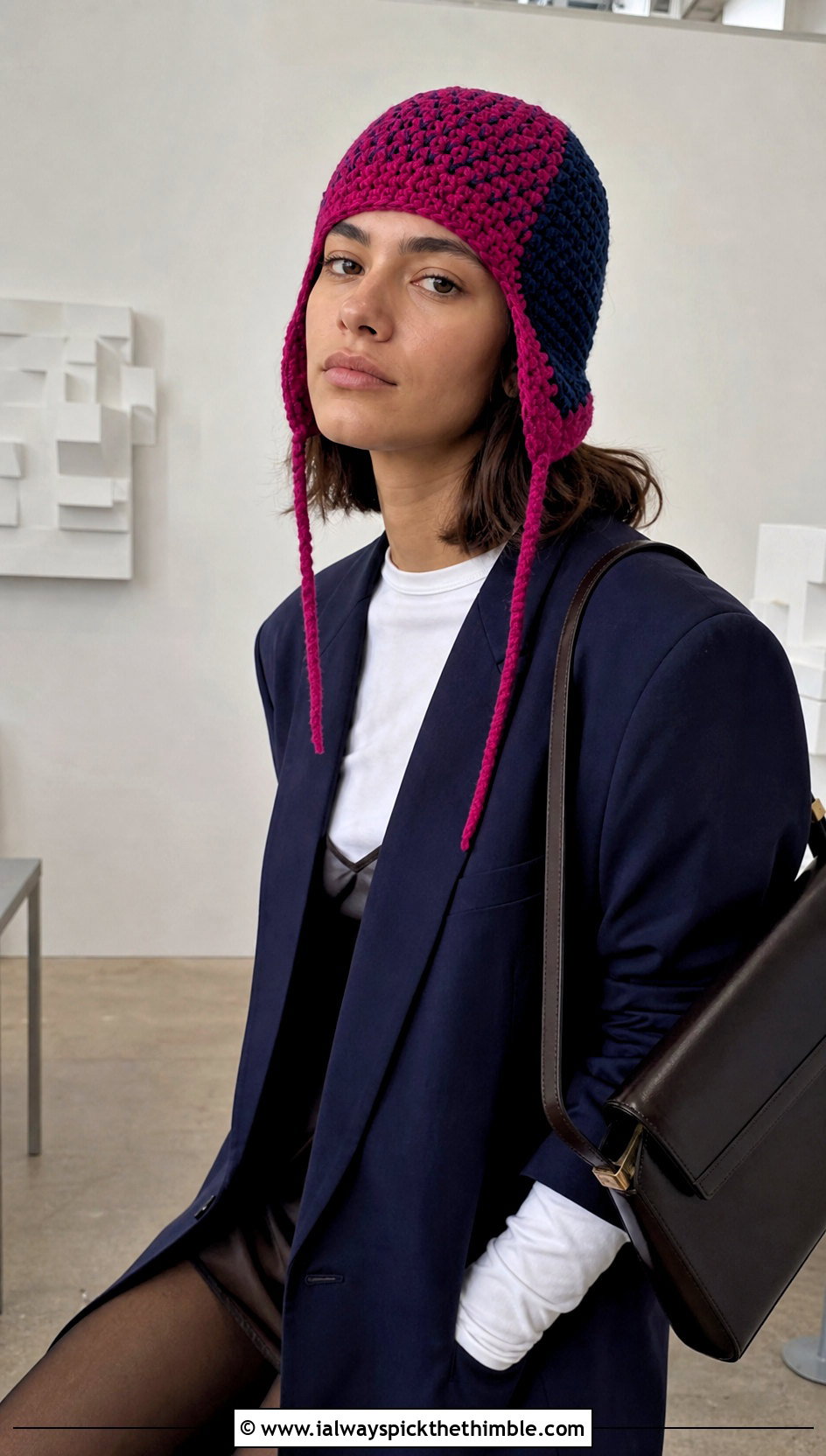 Two Tone Crochet Ear Flap Beanie With Slip Dress - 20 crochet ear flap beanie outfit ideas