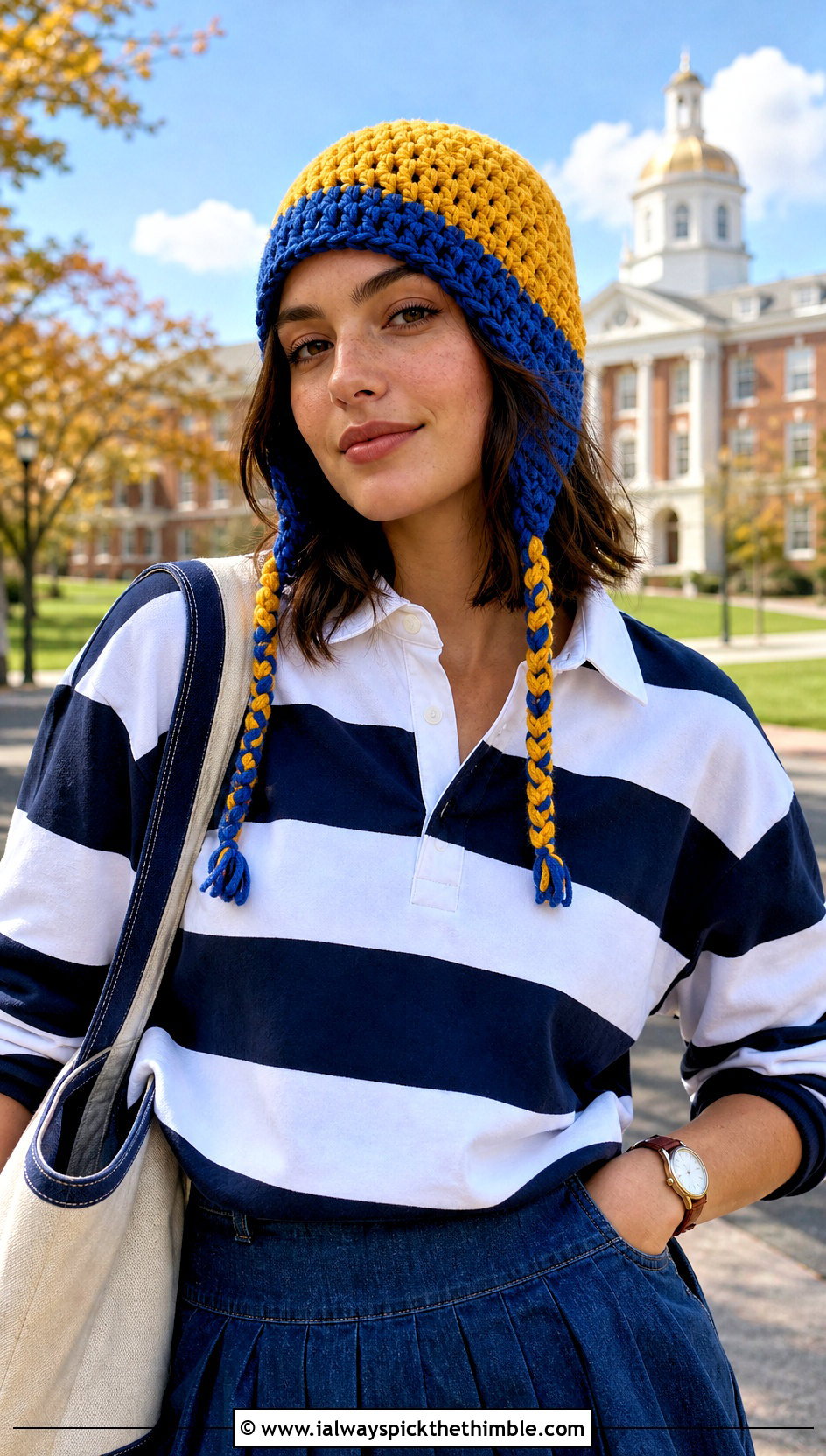 Two Tone Crochet Earflap Hat With Rugby Shirt - 25 crochet earflap hat outfit ideas