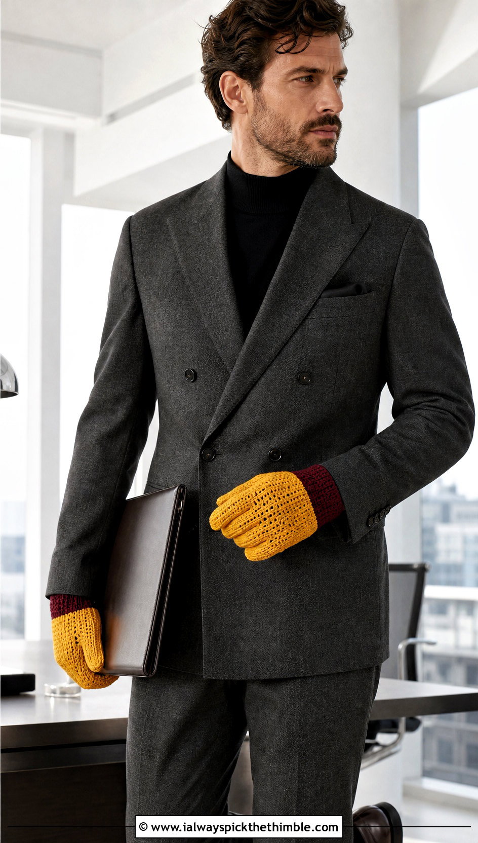 Two Tone Crochet Gloves With Double Breasted Suit - 25 crochet gloves for men outfit ideas