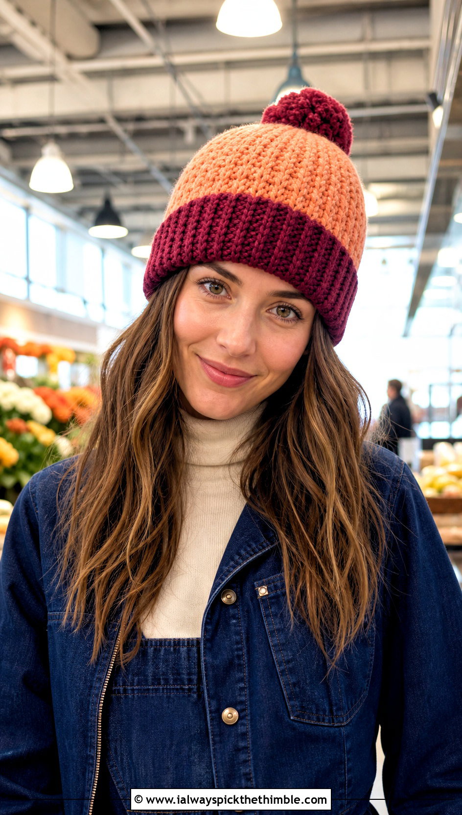 Two Tone Crochet Hat With Pom Pom And Denim Jumpsuit - 20 crochet hat with pom pom outfit ideas