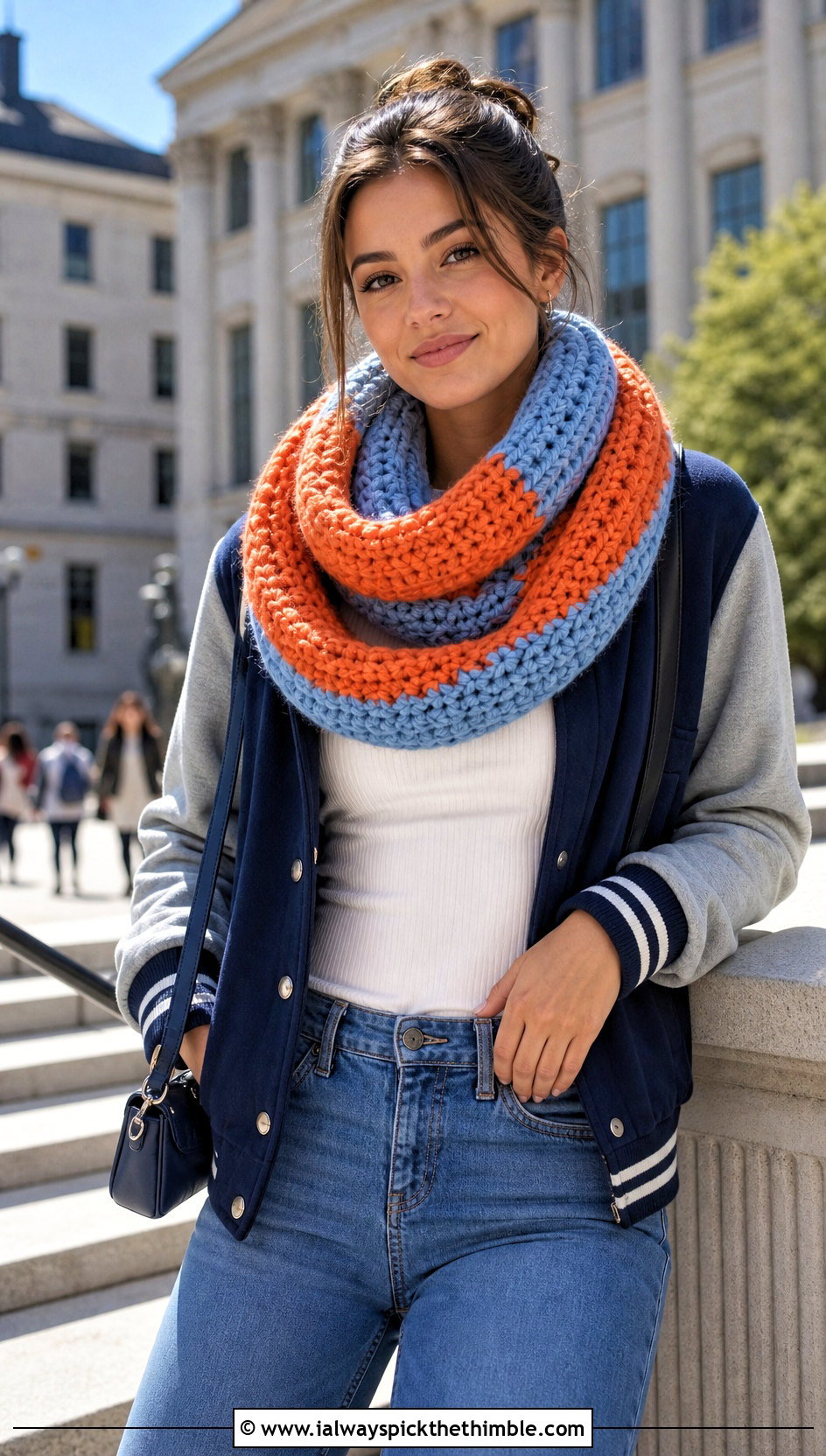 Two Tone Crochet Infinity Scarf With Varsity Jacket - 20 crochet infinity scarves outfit ideas