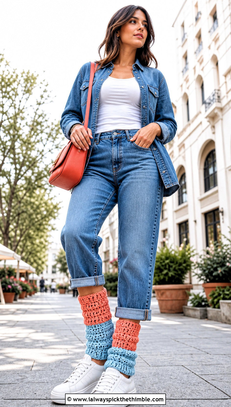 Two Tone Crochet Leg Warmers With Double Denim - 25 Easy Crochet Leg Warmers outfit ideas