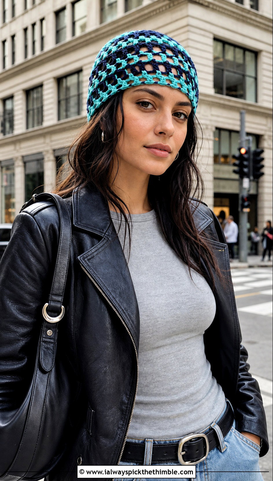 Two Tone Crochet Mesh Beanie With Leather Jacket - 20 crochet mesh beanie outfit ideas