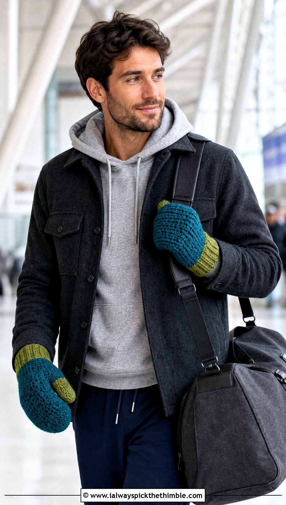 Two Tone Crochet Mittens With Travel Outfit - 20 crochet mittens for men outfit ideas