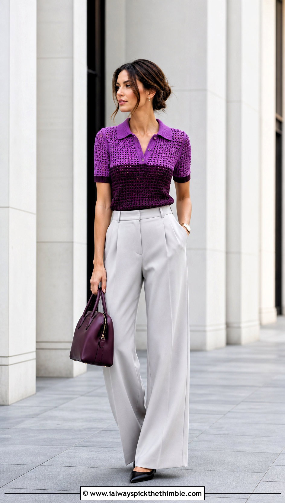 Two Tone Crochet Polo Top With Tailored Trousers - 20 Crochet Two Tone Top outfit ideas