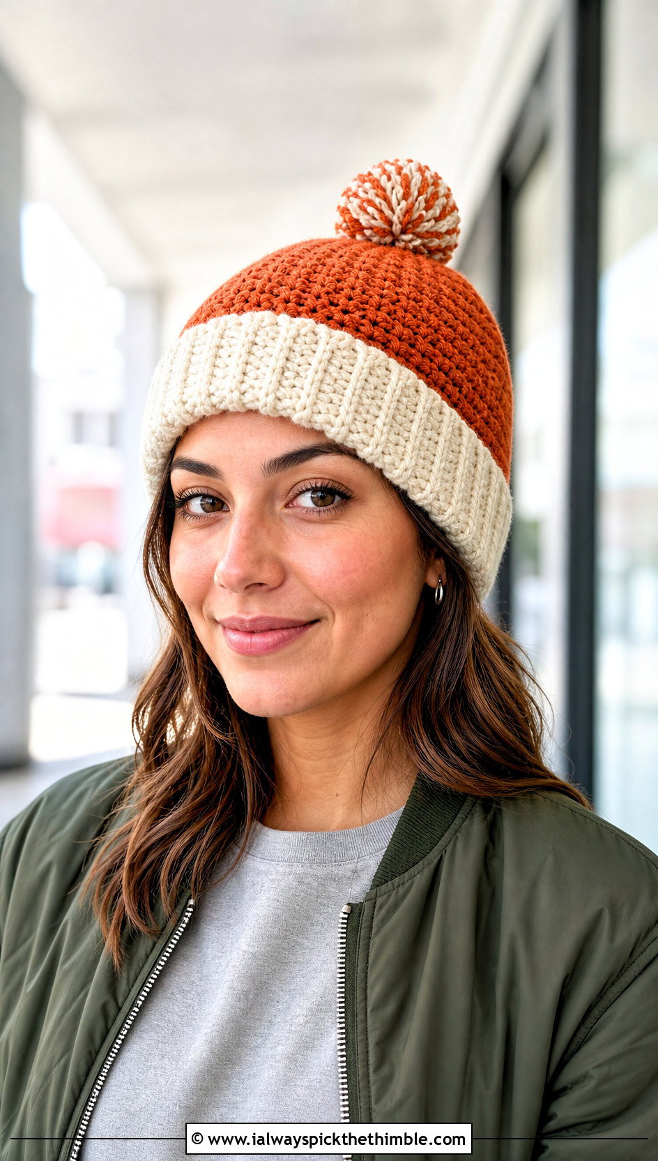 Two Tone Crochet Pom Pom Beanie With Bomber Jacket - 20 crochet beanie with pom pom outfit ideas